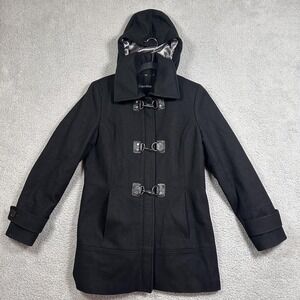 Calvin Klein Coat Womens Medium Black Toggle Duffle Wool Blend Hooded Quilted
